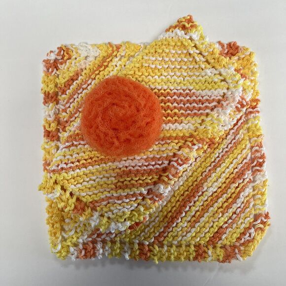Hand Knit Dish Cloth Set of 2 Plus Scrubbie 100% Cotton Multicolor Orange Yellow - Picture 4 of 6